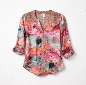 Fig & Flower Anthropologie Bohemian Floral Watercolor Print V-Neck Blouse PM